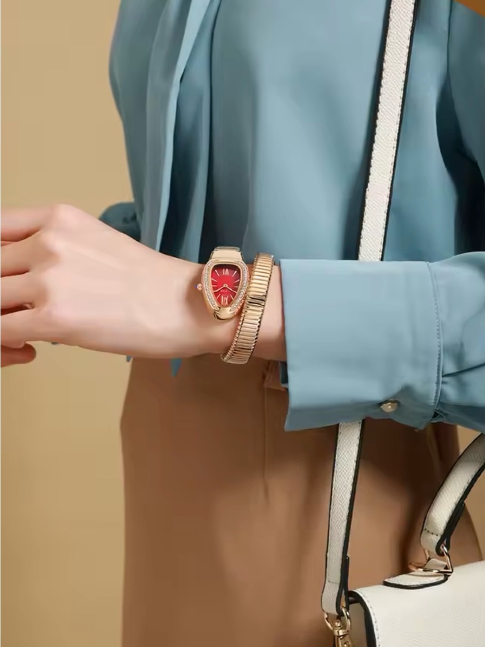 Gold-Tone Red Dial Crystal Accent Snake Wrap Bracelet Watch - Picture 4 of 4